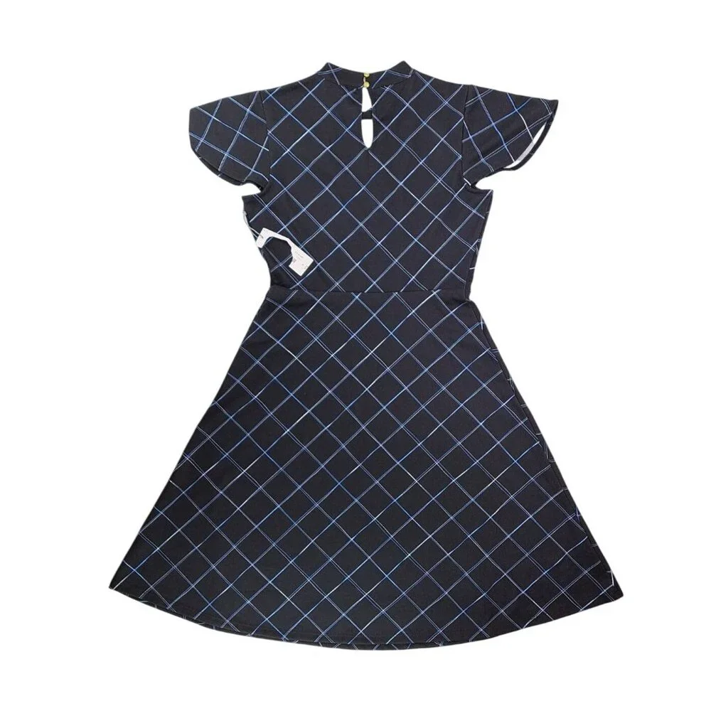 Liz Claiborne Black Plaid Square Fit Flare Dress Women Size 6 Keyhole Back Blue - Picture 3 of 9